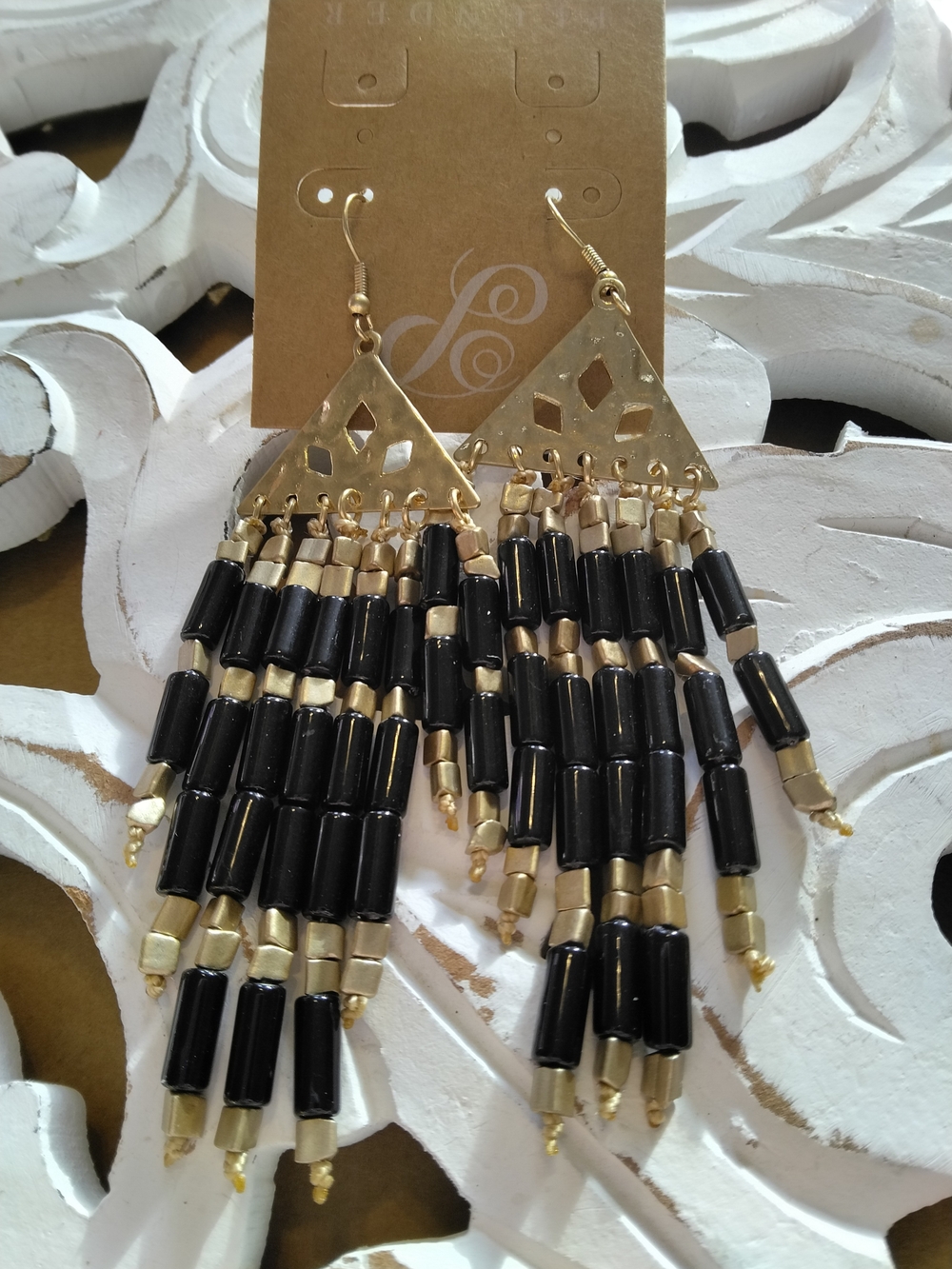 Gold & Black Beaded Fringe Earrings - Women Jewelry